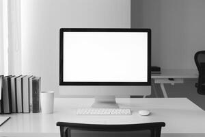 Study Computer Mockup Background with books on  white desk photo
