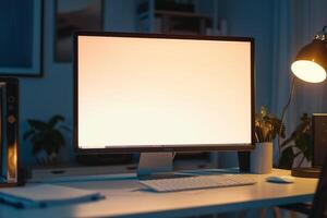 Tech Research Computer Mockup Background on white desk with papers photo