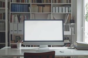 Study Computer Mockup Background with books on white desk photo