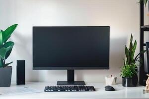 Study Computer Mockup Background with books on white desk photo