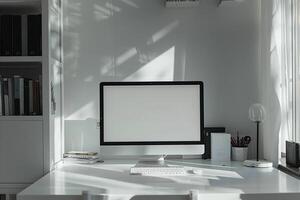 Computer Mockup Background on a White Desk with Papers photo
