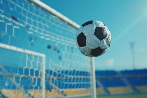 Soccer Ball in Flight Near Goal with Empty Stands photo