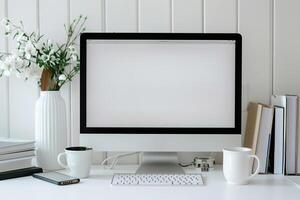 Computer Mockup Background on a White Desk with Books photo