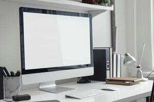 Computer Mockup Background on a White Desk with Books photo