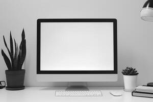 Computer Mockup Background on a White Desk with Papers photo