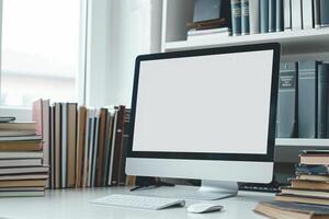 Computer Mockup Background on a White Desk with Books photo
