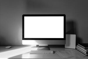 Computer Mockup Background on a White Desk with Papers photo