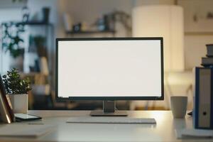 Computer Mockup Background on a White Desk with Papers photo