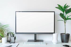 Computer Mockup Background on a White Desk with Papers photo