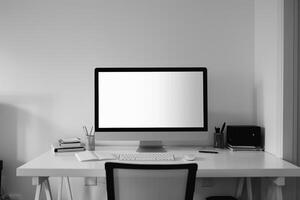 Computer Mockup Background on a White Desk with Research Papers Nearby Inquisitive Computer Background photo