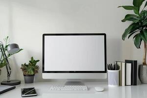 Computer Mockup Background on a White Desk with Books photo