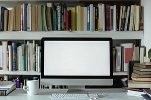 Computer Mockup Background on a White Desk with Books photo