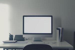 Computer Mockup Background on a White Desk with Research Papers Nearby Inquisitive Computer Background photo
