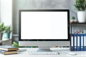 Computer Mockup Background on a White Desk with Books photo