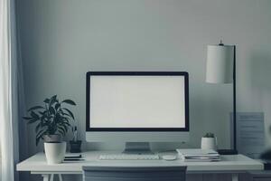 Computer Mockup Background on a White Desk with Research Papers Nearby Inquisitive Computer Background photo