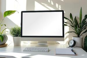Computer Mockup Background on a White Desk with Study Materials Nearby Concentrated Computer Background photo