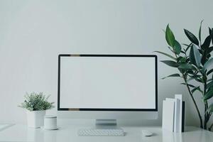 Computer Mockup Background on a White Desk with Study Materials Nearby Concentrated Computer Background photo