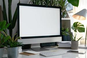 Computer Mockup Background on a White Desk with Study Materials Nearby Concentrated Computer Background photo