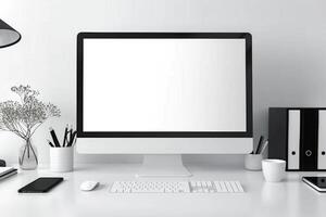 Computer Mockup Background on a White Desk with Study Materials Nearby Concentrated Computer Background photo