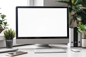 Computer Mockup Background on a White Desk with Study Materials Nearby Concentrated Computer Background photo