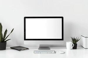 Computer Mockup with Study Materials on White Desk ed Workspace Background photo