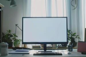 Computer Mockup Background on a White Desk with Study Materials Nearby Concentrated Computer Background photo