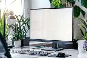 Computer Mockup Background on a White Desk with Study Materials Nearby Concentrated Computer Background photo