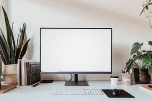White Desk with Computer Mockup and Study Materials ed Workspace Setup Background photo