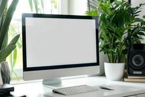 Computer Mockup Background on White Desk with Study Materials ed Workspace Setup photo