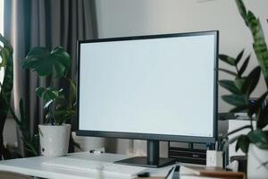 Study Materials and Computer Mockup on White Desk Concentrated Workspace Background photo