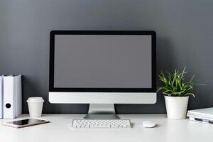 White Desk with Computer Mockup and Study Materials ed Study Area Background photo