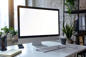 Desk with Computer Mockup and Study Materials Concentrated Workspace Setup Background photo