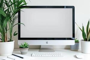 Computer Mockup with Study Materials on White Desk ed Workspace Setup Background photo