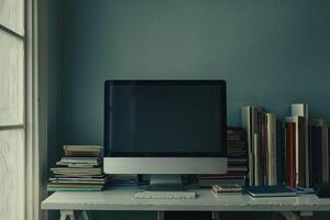 Computer Mockup on White Desk with Books Stacked Beside ed Study Environment photo