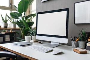 Computer Mockup Background on White Desk with Study Materials ed Workspace Setup photo