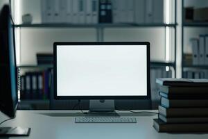 White Desk with Computer Mockup and Stacked Books Concentrated Study Workspace Background photo