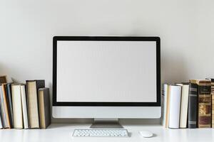 Desk with Computer Mockup and Stacked Books Concentrated Study Background photo