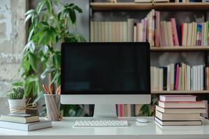 Computer Mockup on White Desk with Stacked Books ed Study Workspace Background photo