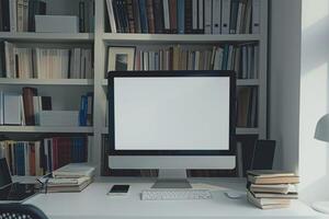 Computer Mockup on White Desk with Books ed Study Area Setup Background photo