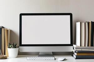 Computer Mockup Background on White Desk with Stacked Books Study Area ed Setup photo