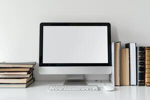 White Desk with Computer Mockup and Stacked Books Study Area ed Background photo