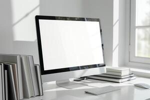 Computer Mockup Background with Books on White Desk Study Area Setup photo
