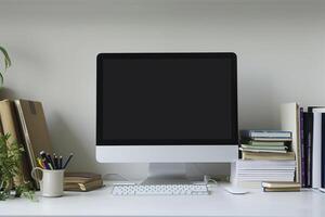 Computer Mockup Background on White Desk with Books Study Area ed Setup photo