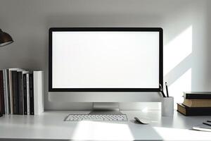 Computer Mockup Background on White Desk with Stacked Books Study Area Setup photo