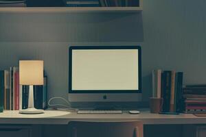 White Desk with Computer Mockup and Books Study Area Background ed photo