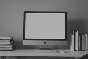 Computer Mockup Background with Books on White Desk Study Area ed Background photo