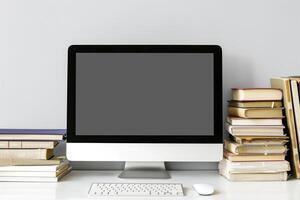 Computer Mockup Background on White Desk with Books Study Area ed Background photo