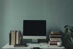 Computer Mockup Background on White Desk with Books Study Area ed Setup photo