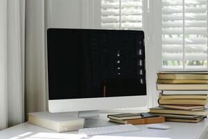 White Desk with Computer Mockup and Books ed Study Area Background photo