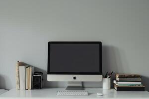 White Desk with Computer Mockup and Books Study Area Background photo